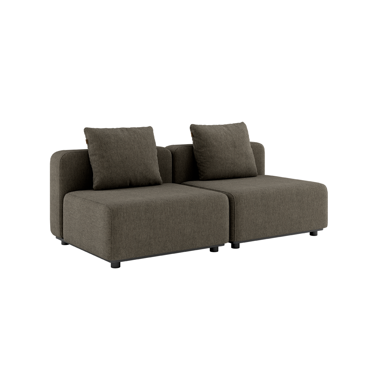 Cobana Lounge Sofa 2-seter i brun uten armlener og puff med aluminiumsramme og tekstiltrekk.