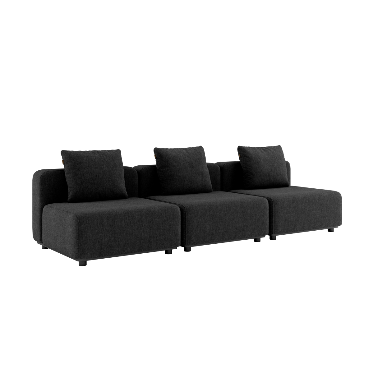 Cobana Lounge Sofa 3-seter i svart uten armlener og puff med aluminiumsramme og puter i olefintekstil.