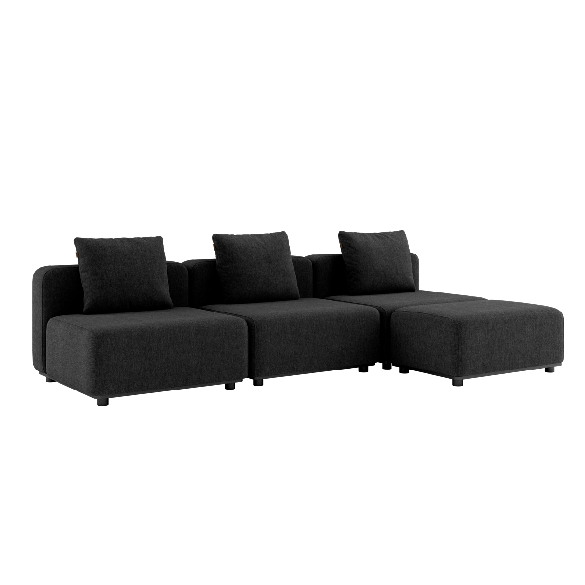 Cobana Lounge Sofa 3-seter i svart med puff, uten armlener, modulbasert utendørs sofa i aluminium og olefintekstiler.