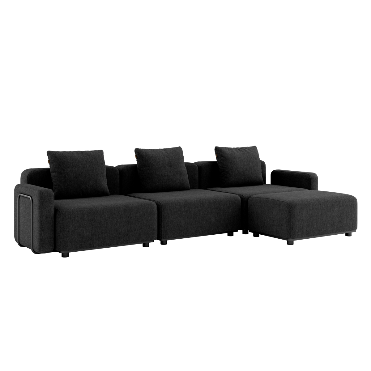 Cobana Lounge Sofa i svart med armlener og puff, modulbasert utesofa med aluminiumsramme.