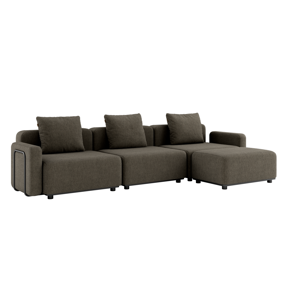 Cobana Lounge Sofa i brun med armlener og puff, modulbasert utesofa med aluminiumramme og puter.