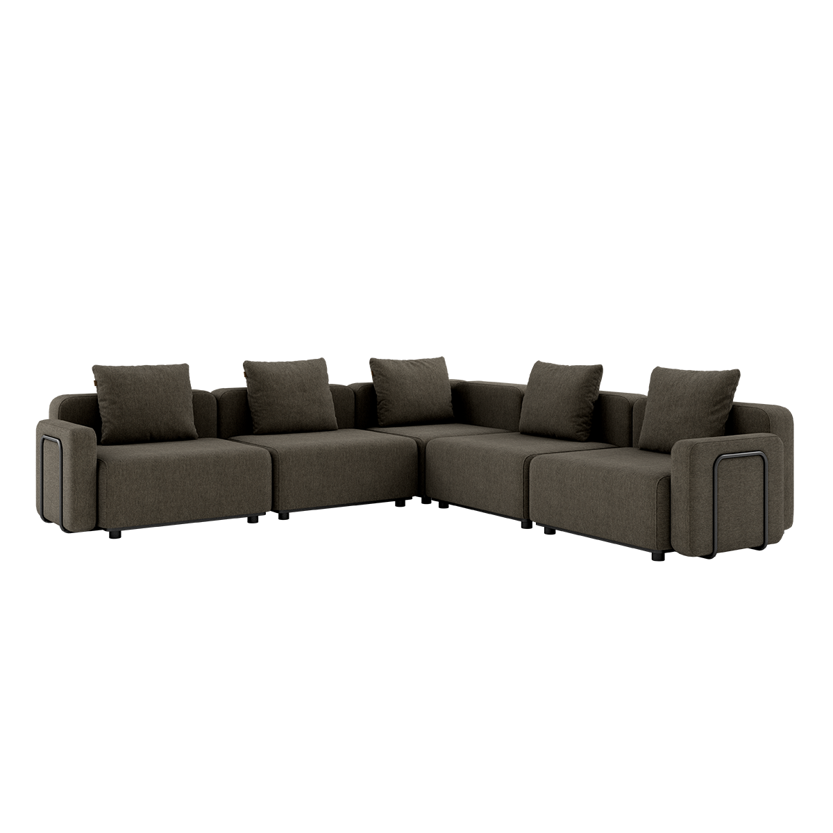 Cobana Lounge Sofa 5-seter hjørnesofa i brun med armlener, modulbasert utendørs design i aluminium og tekstil.