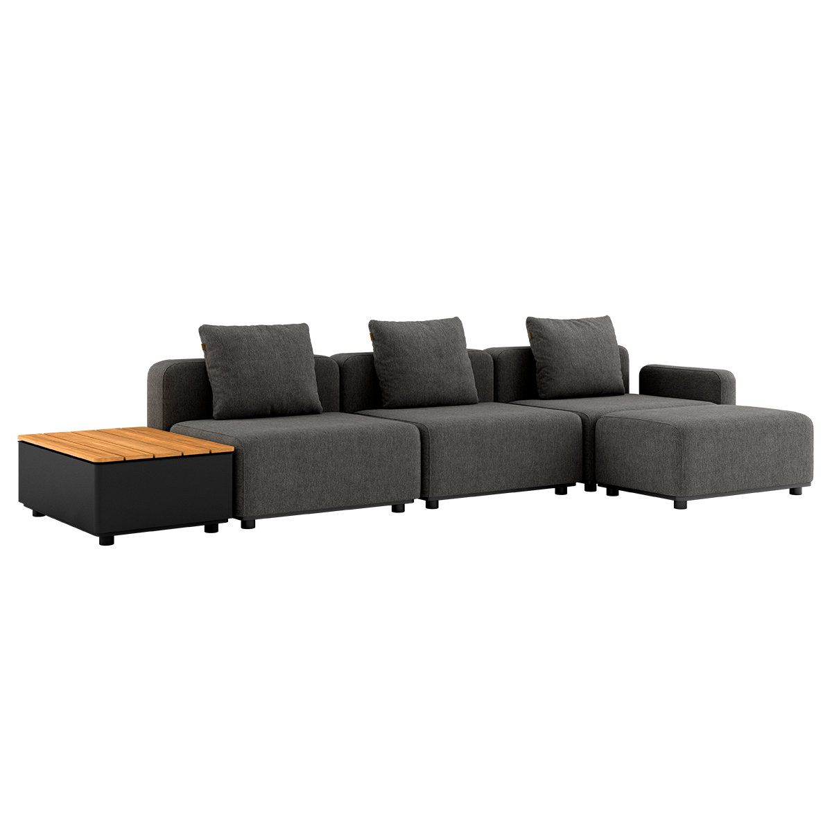 Cobana Lounge Sofa i grå med puff og Patio Storage Table i aluminium og teak, modulbasert utesofa.
