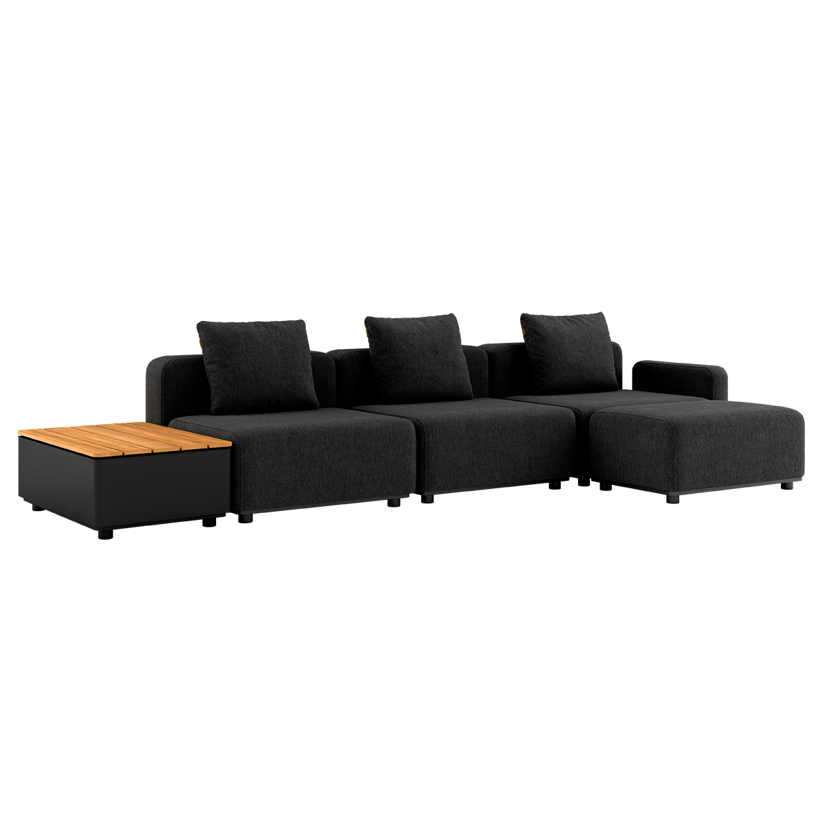 Cobana Lounge Sofa 3-seter i svart med puff og Patio Storage Table i aluminium og teak.