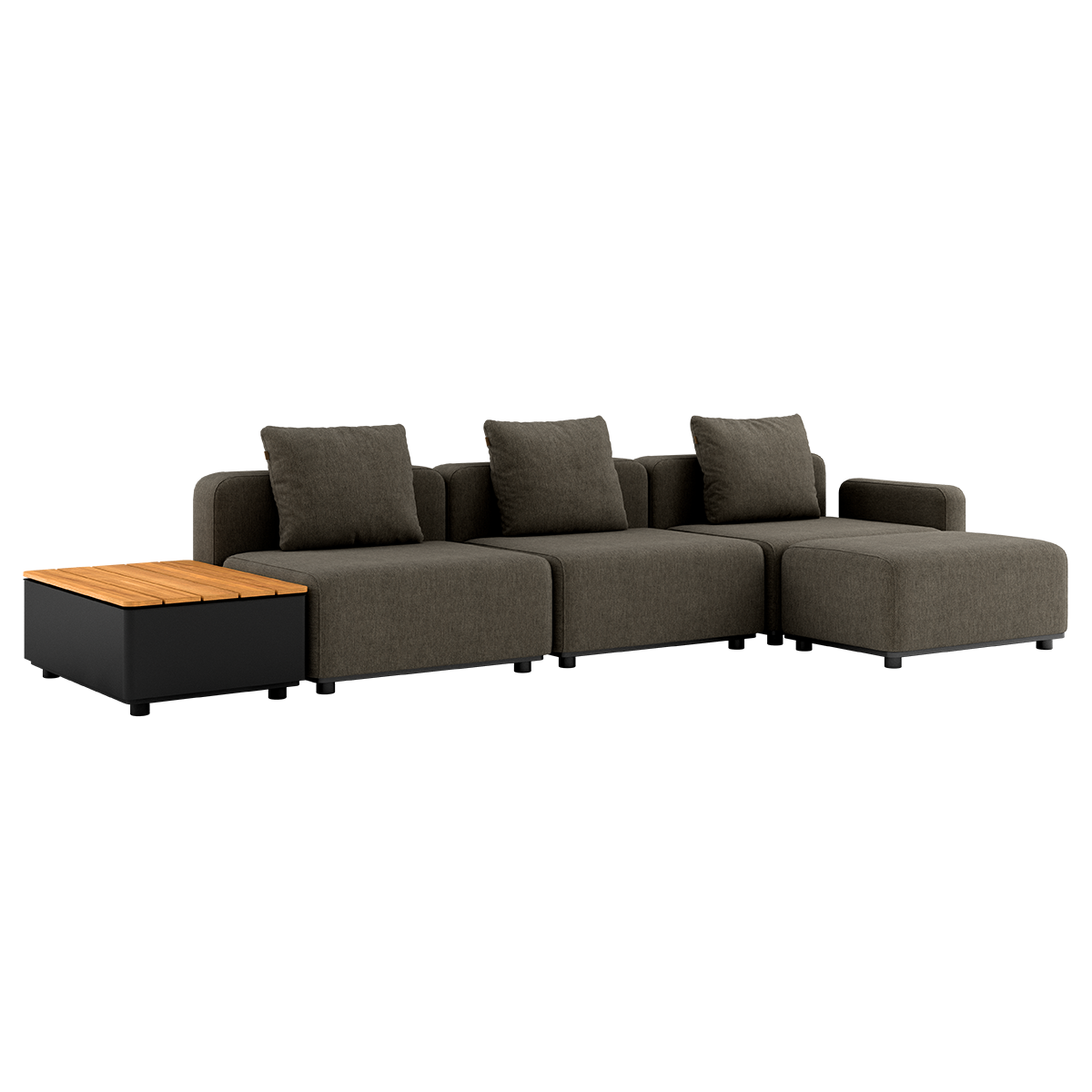 Cobana Lounge Sofa 3-seter i Cobana Brown med puff og Patio Storage Table i aluminium og teak.