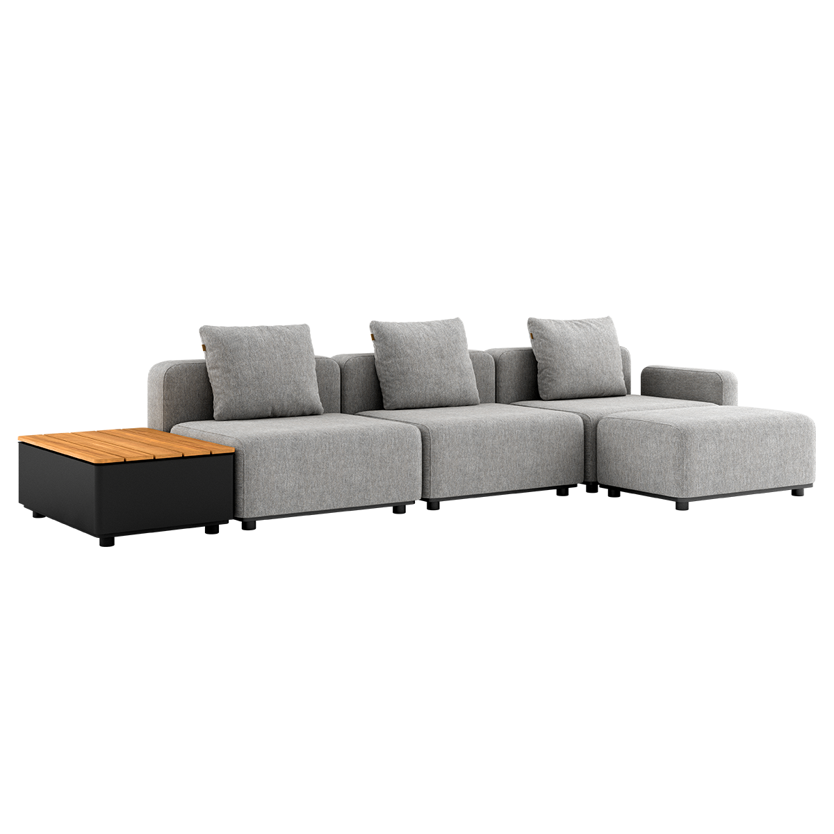 Cobana Lounge Sofa i Cobana Sand Melange med puff og Patio Storage Table i aluminium og teak.