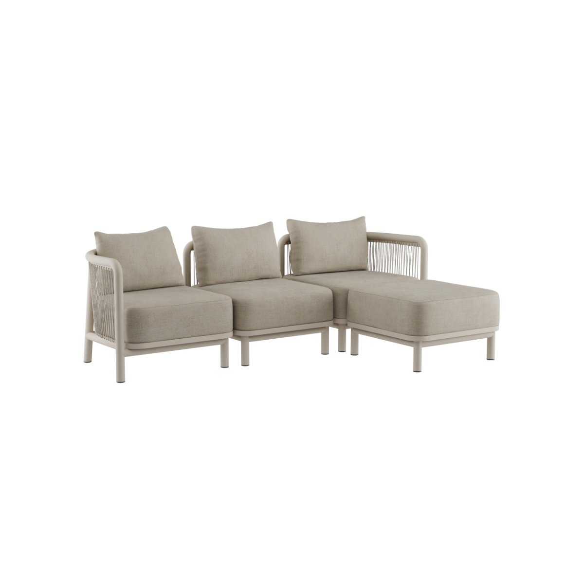 Kirra Lounge Sofa i Kirra Sand med puff, modulær utendørs sofa med aluminiumsramme og olefin-tekstiler.