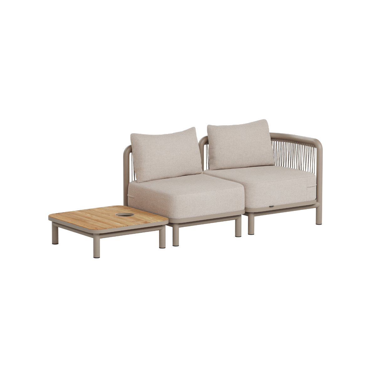 Kirra modulær utendørs loungesofa for to personer med beige puter og sidebord i tre fra sackit