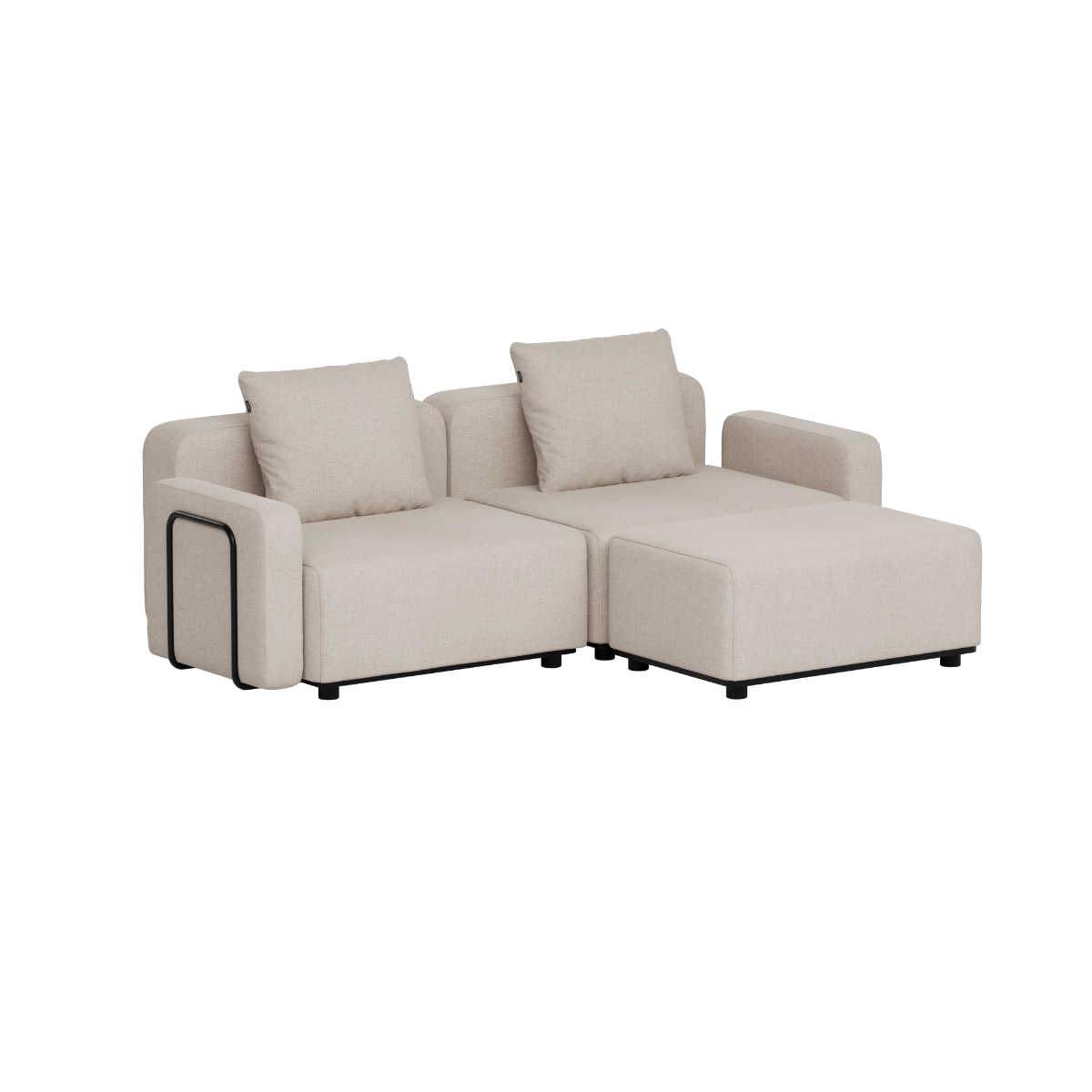Beige modulbasert utesofa fra sackit med to sitteplasser og bred sjeselong. Rene skandinaviske linjer for terrasse og hage.