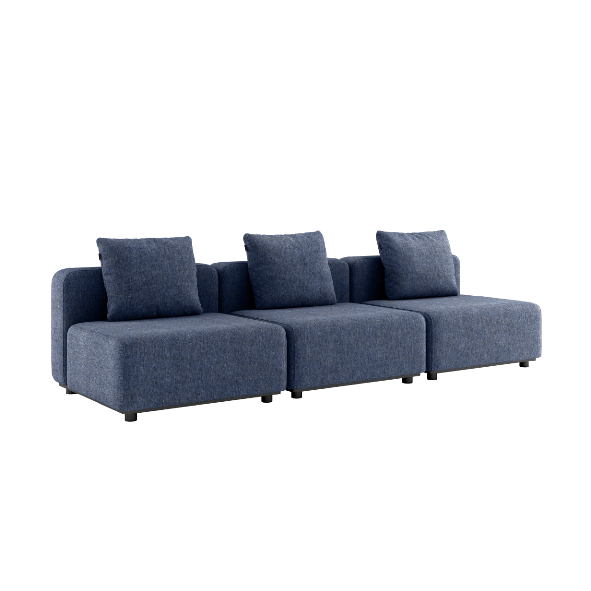 Cobana Lounge Sofa 3-seter i Kirra Indigo uten armlener og puff, modulær utendørs sofa i aluminium og tekstil.