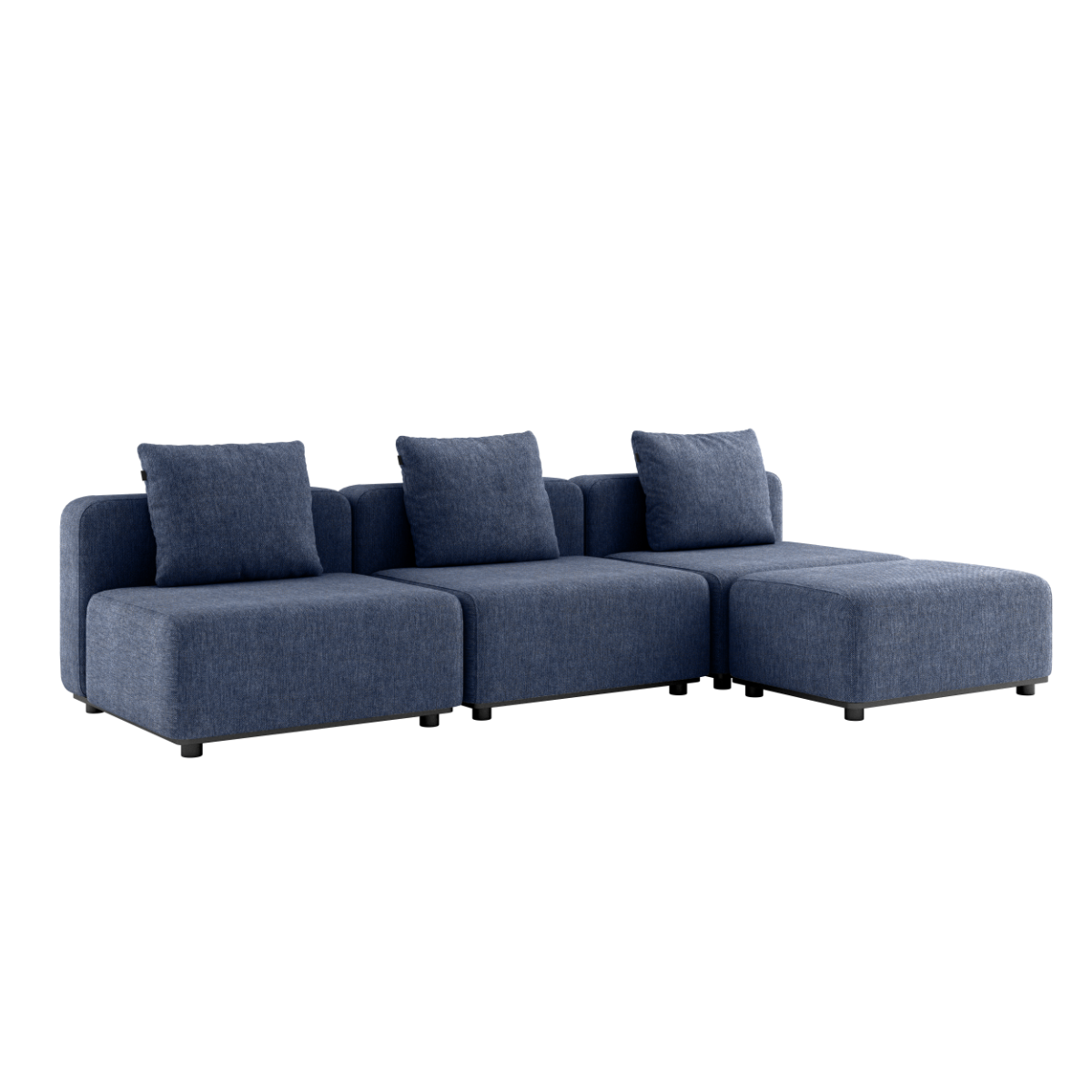 Cobana Lounge Sofa 3-seter i Kirra Indigo med puff og uten armlener, modulær utendørs sofa i aluminium.