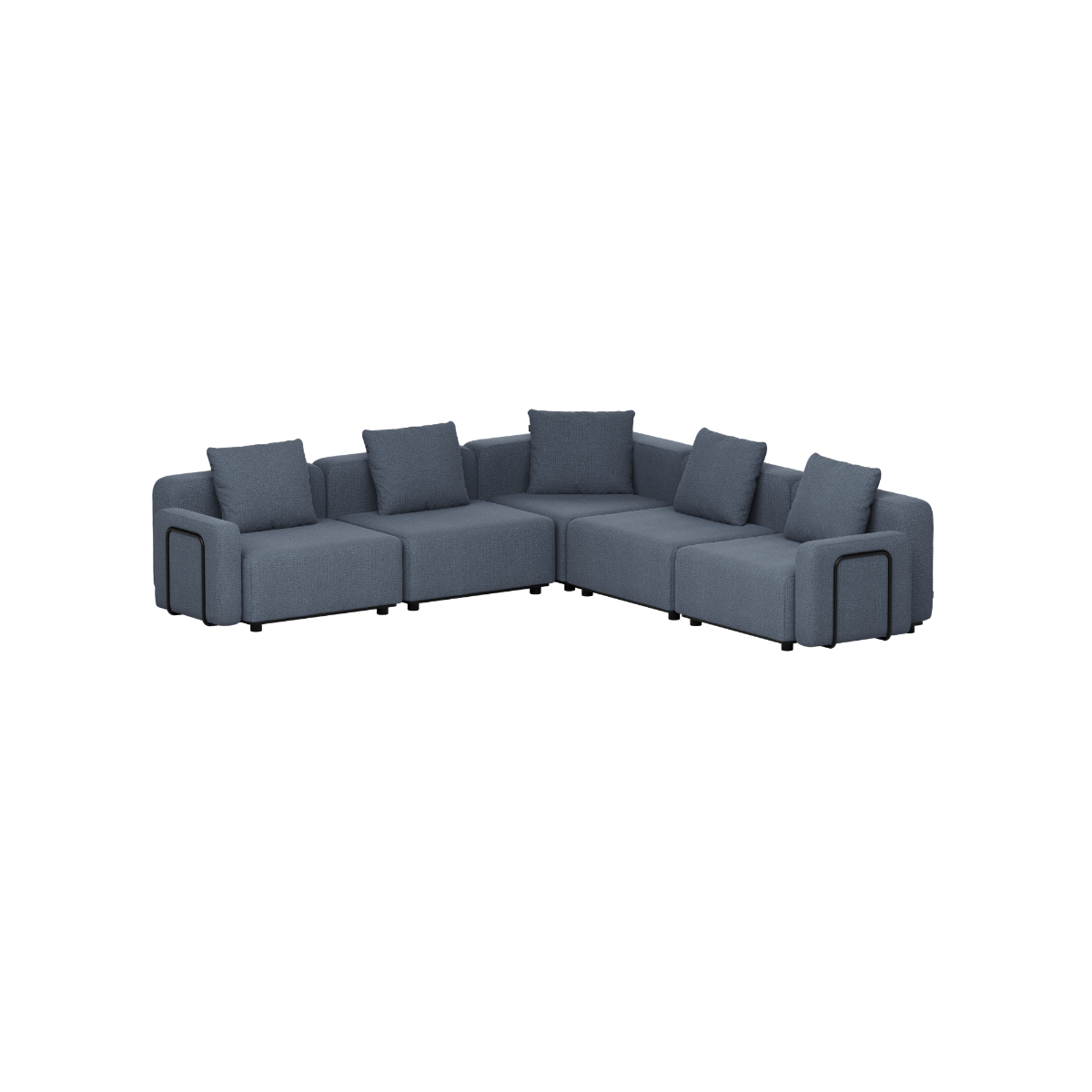 Mørkegrå femseters modulbasert hjørnesofa fra sackit med dype sitteputer og ryggputer i et moderne skandinavisk design for uteplassen