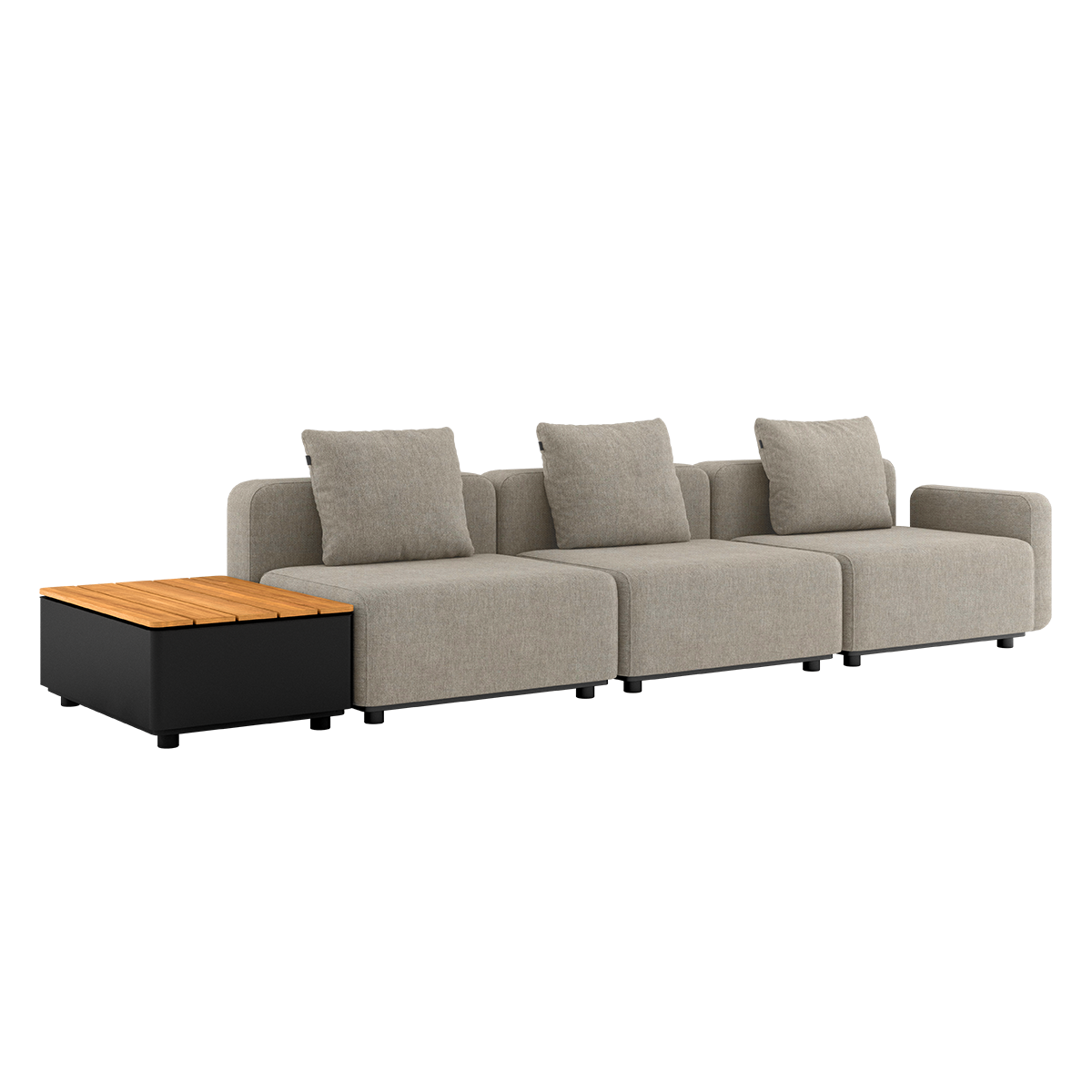 Cobana Lounge Sofa i Kirra Sand med tre moduler og Patio Storage Table i aluminium og teak.