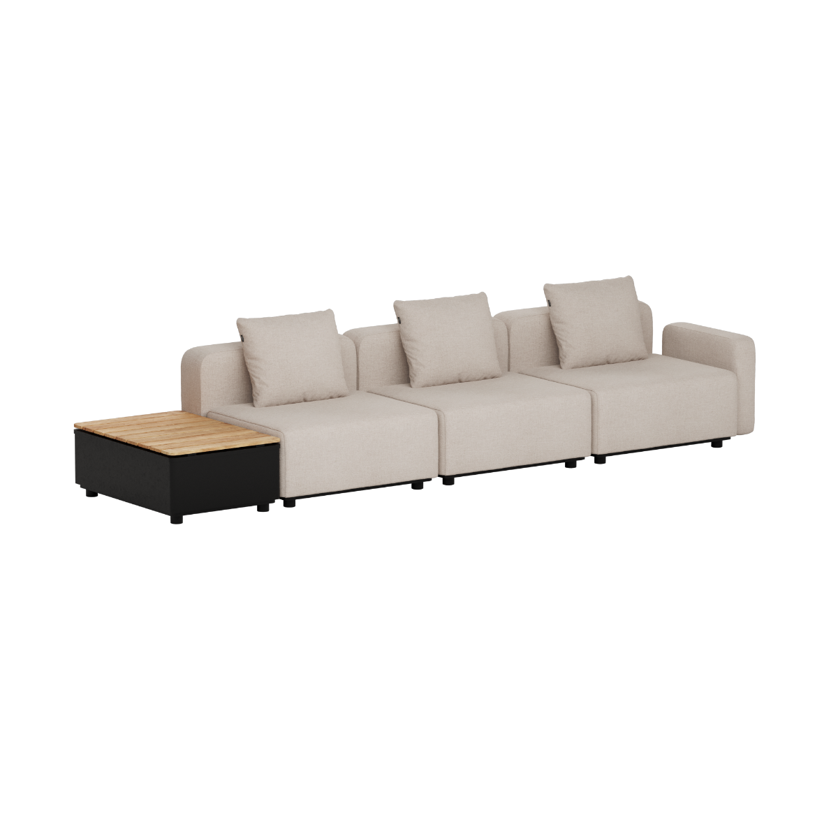sackit Cobana modulbasert utesofa med tre sitteplasser myke puter og integrert sidebord med oppbevaring for terrasse og hage