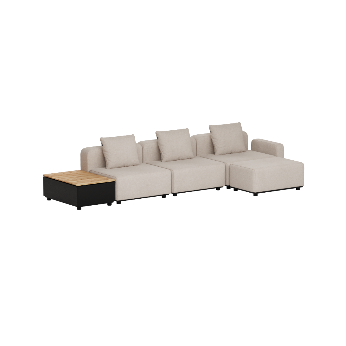 Beige modulbasert utesofa fra sackit med tre sitteplasser og integrert utebord i teak. Skandinavisk design for terrasse og hage.