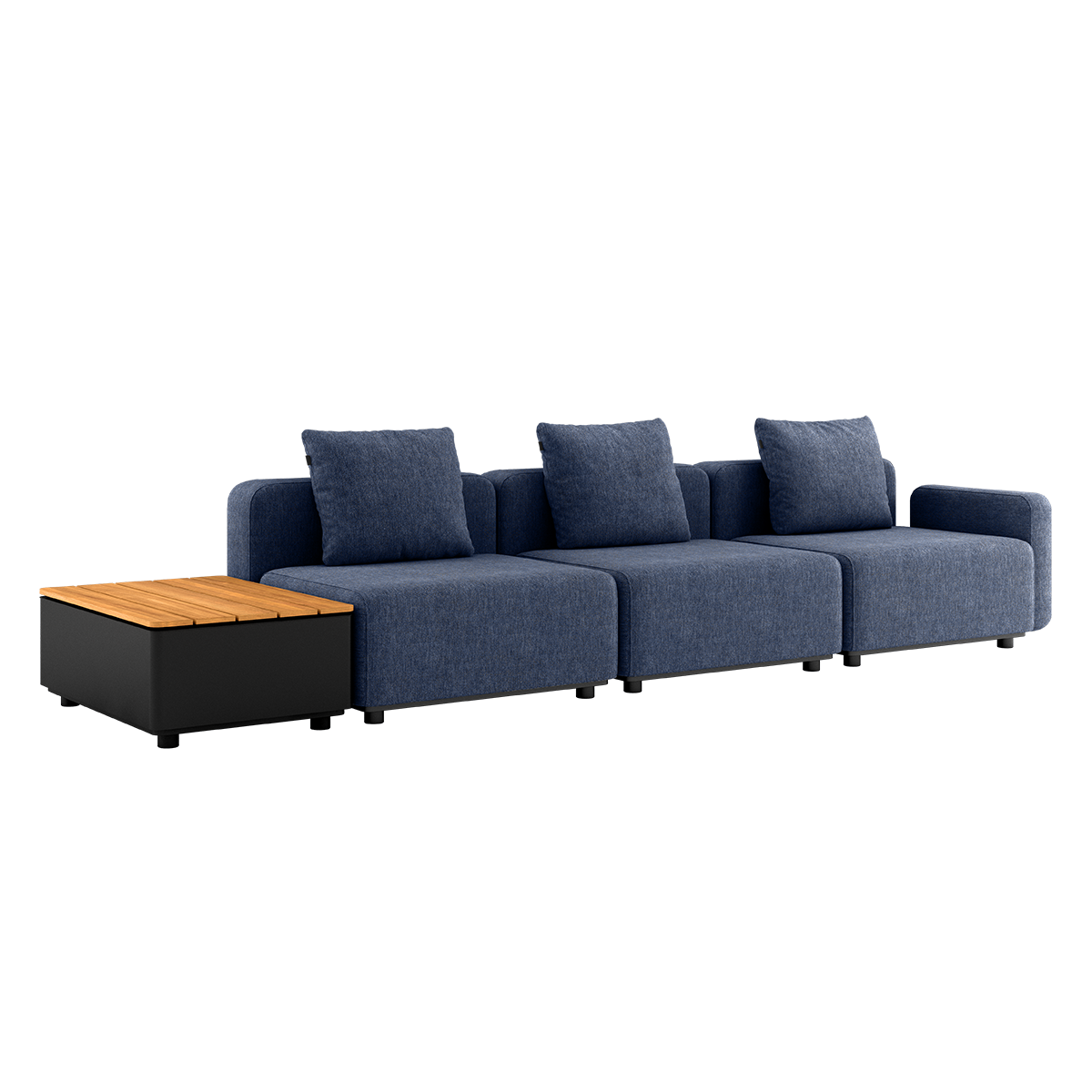Cobana Lounge Sofa 3-seter i Kirra Indigo uten puff med svart pulverlakkert aluminiumsramme og Patio Storage Table i teak.