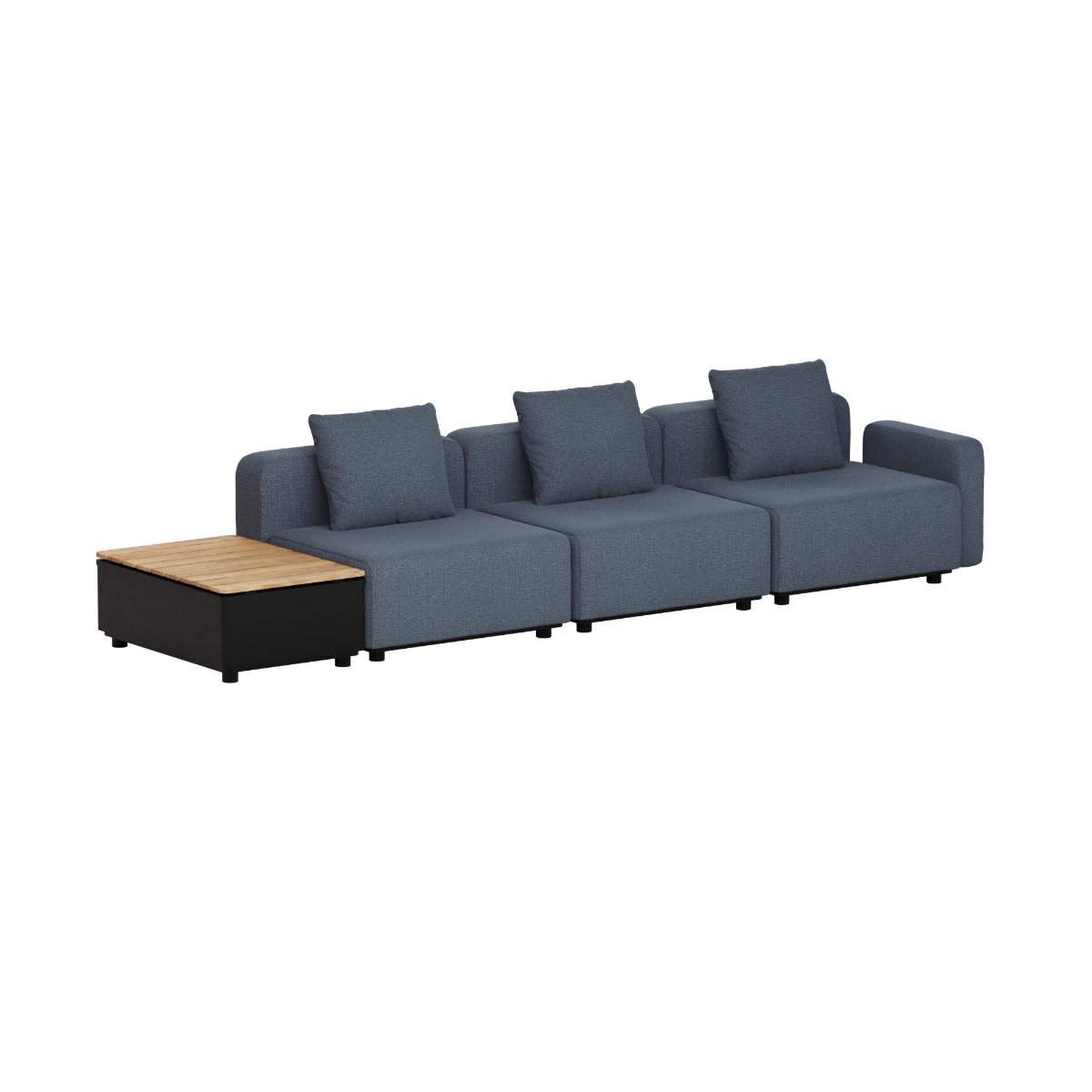 Mørkegrå modulbasert Cobana loungesofa for tre personer med puter og integrert sidebord i teak fra sackit til uteplassen