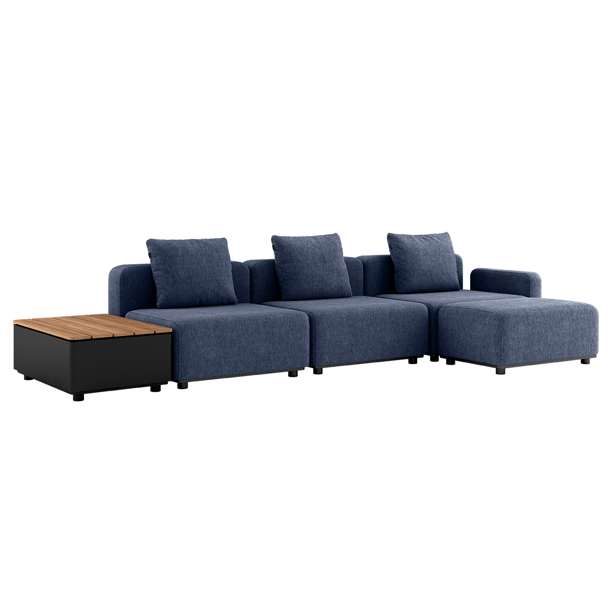 Cobana Lounge Sofa i Kirra Indigo med puff, modulbasert utesofa med svart pulverlakkert aluminiumsramme og puter.