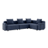 Hjørnesofa med fire moduler i Kirra Indigo farge med armlener, laget av pulverlakkert aluminium og tekstil.