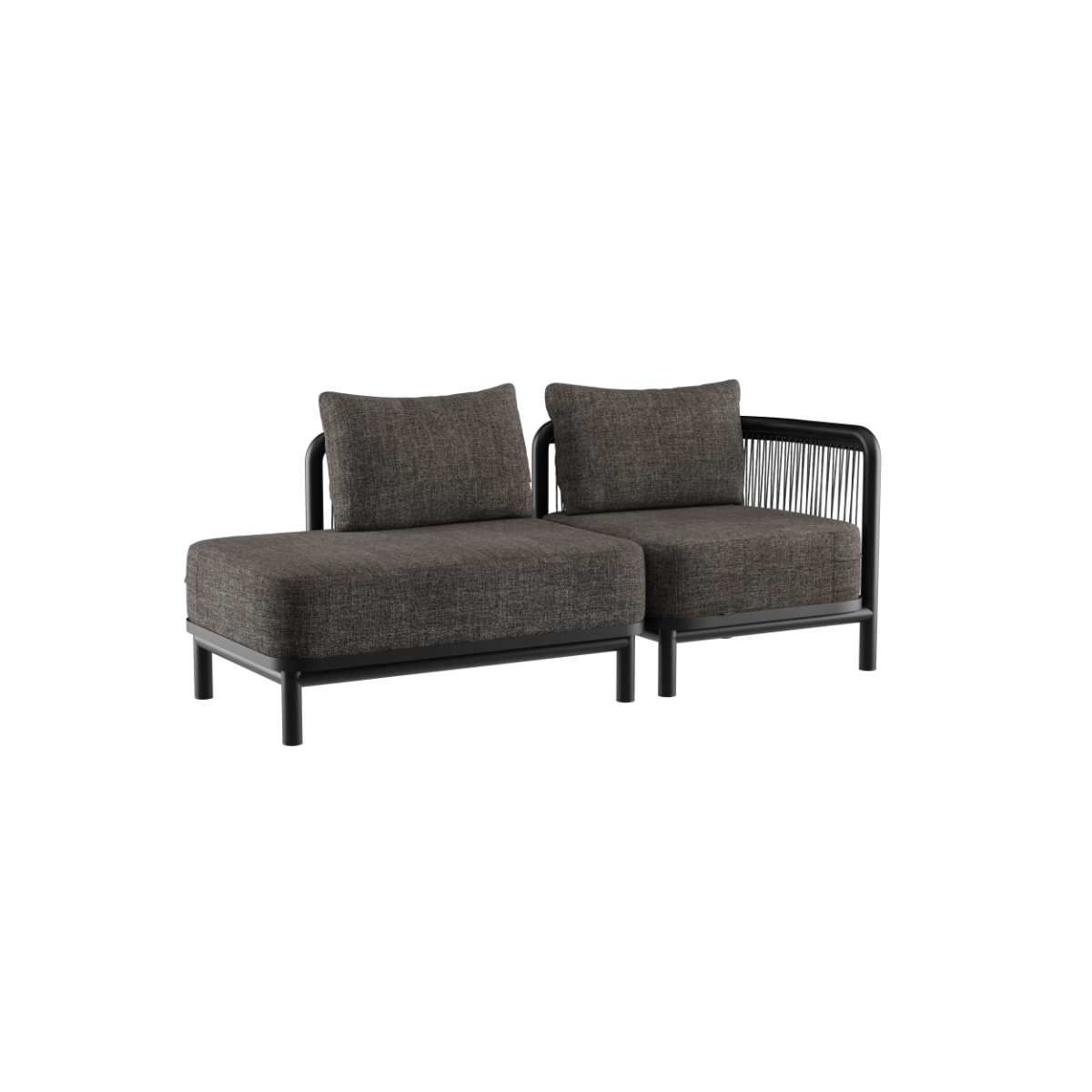 Kirra Lounge Sofa 2-seter med åpen høyre ende i svart olefin-tekstile og aluminiumsramme.