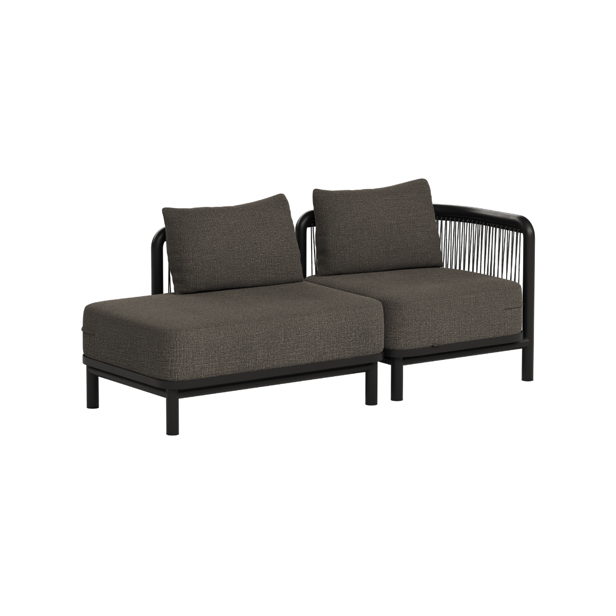 Mørk modulær loungesofa for to med åpen ende og myke puter i slitesterkt tekstil designet i Danmark av sackit for nordiske uterom