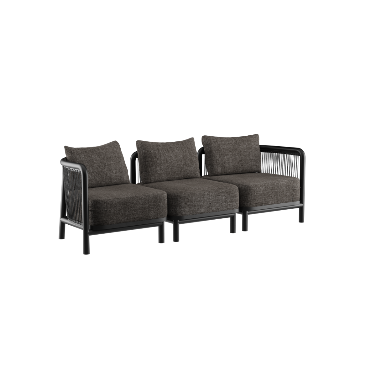 Kirra Lounge Sofa 3-seter i Kirra Noir uten puff med aluminiumsramme og olefin-tekstiler.