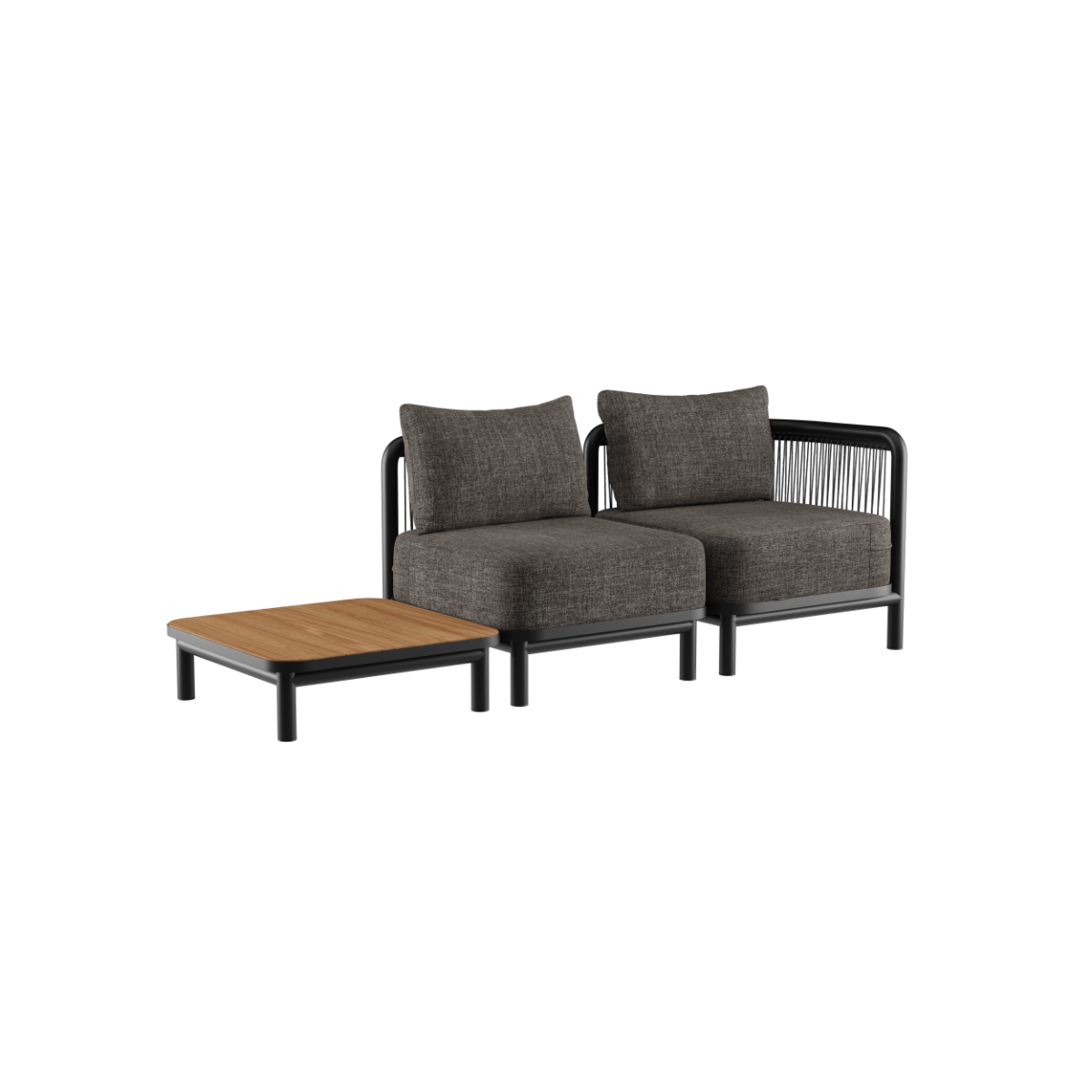 Kirra Lounge Sofa i svart med to seter og tilhørende Kirra salongbord i teak og pulverlakkert aluminium.