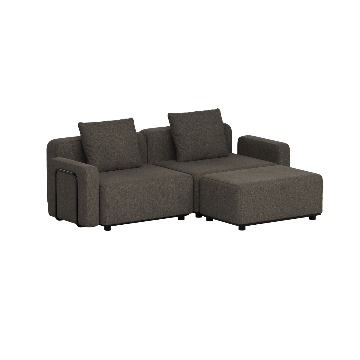 Mørkegrå modulbasert utendørs loungesofa med to sitteplasser og sjeselong fra sackit for hage og terrasse i skandinavisk design