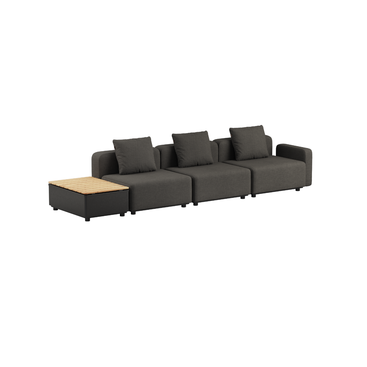 Cobana Lounge Sofa 3-seter i Cobana Brown med armlener og Patio Storage Table i aluminium og teaktre.