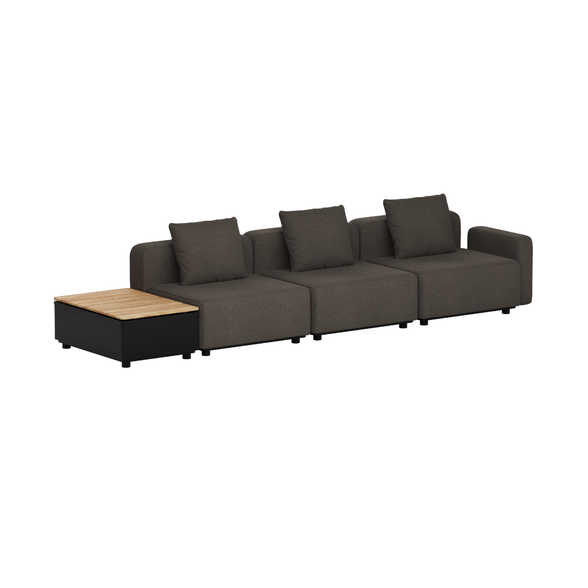 Mørkegrå modulbasert utesofa for tre personer med tre puter og integrert utebord i teak fra sackit Norway til terrasse eller hage