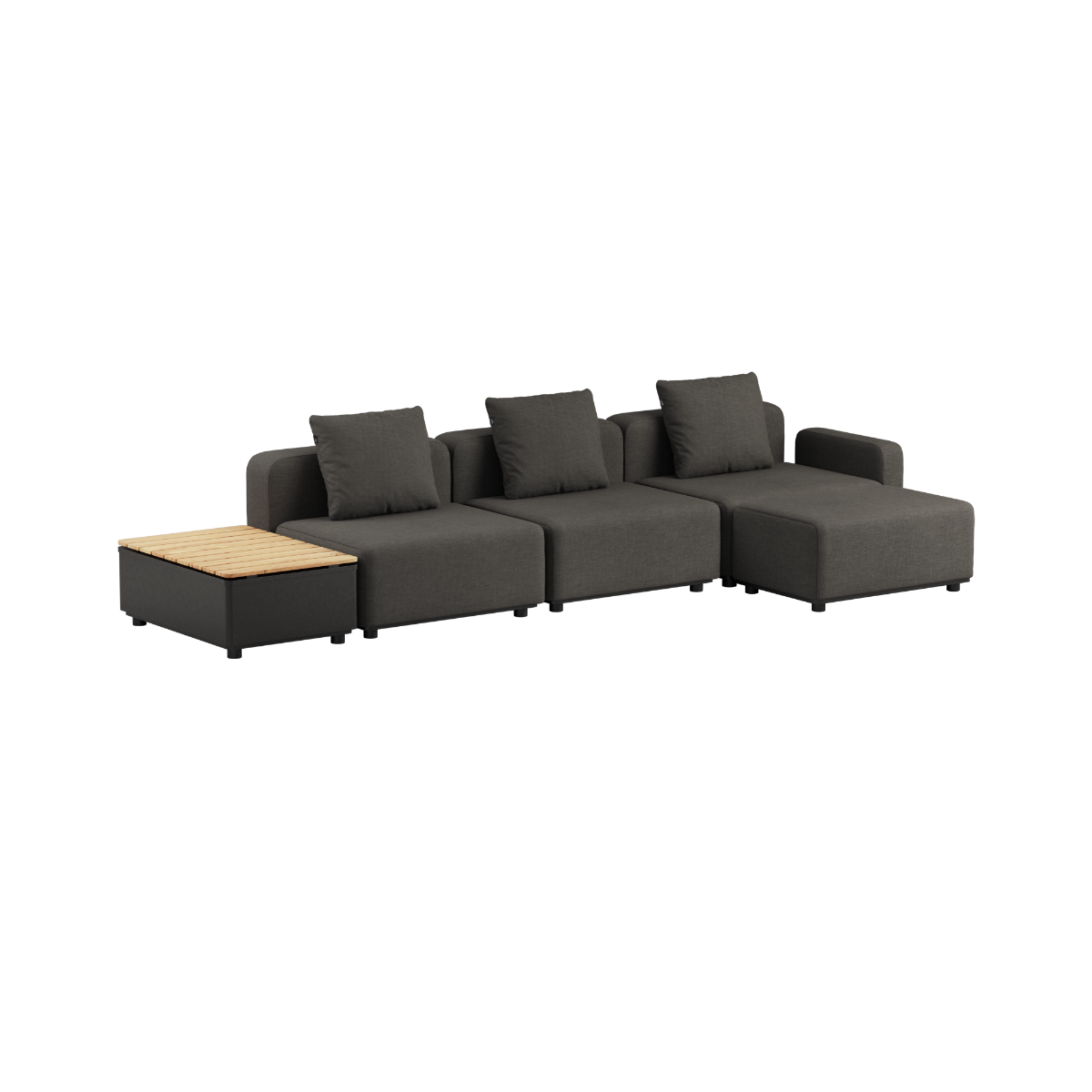 Svart Cobana Lounge Sofa med armlener, puff og Patio Storage Table i aluminium og teaktre.