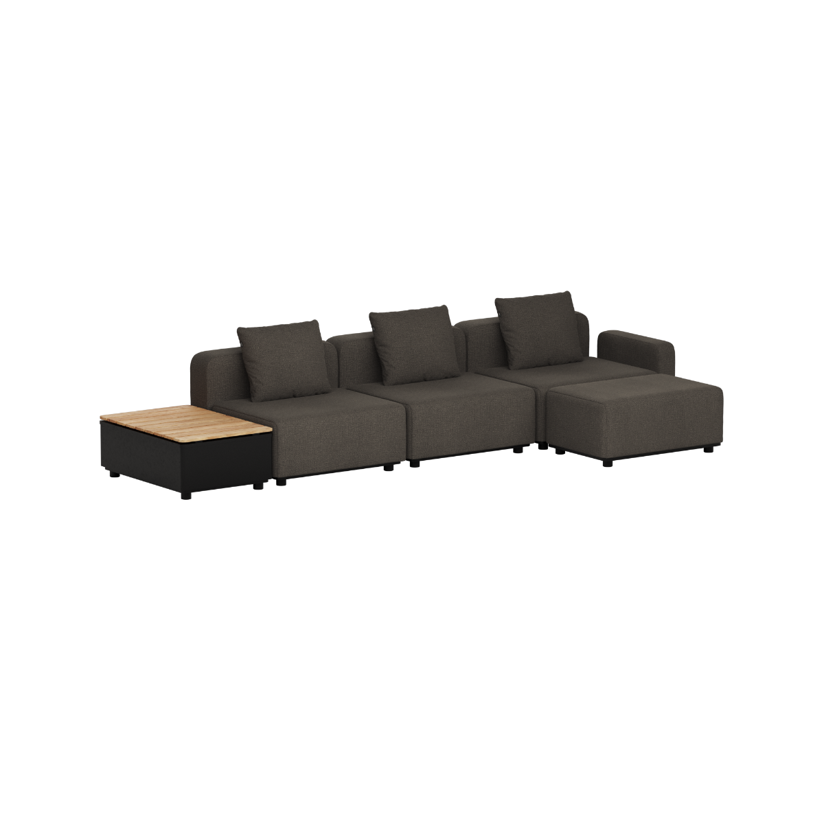 Mørkgrå modulbasert loungesofa for utendørs bruk med tre sitteplasser og sidebord i teak fra sackit designet i Danmark