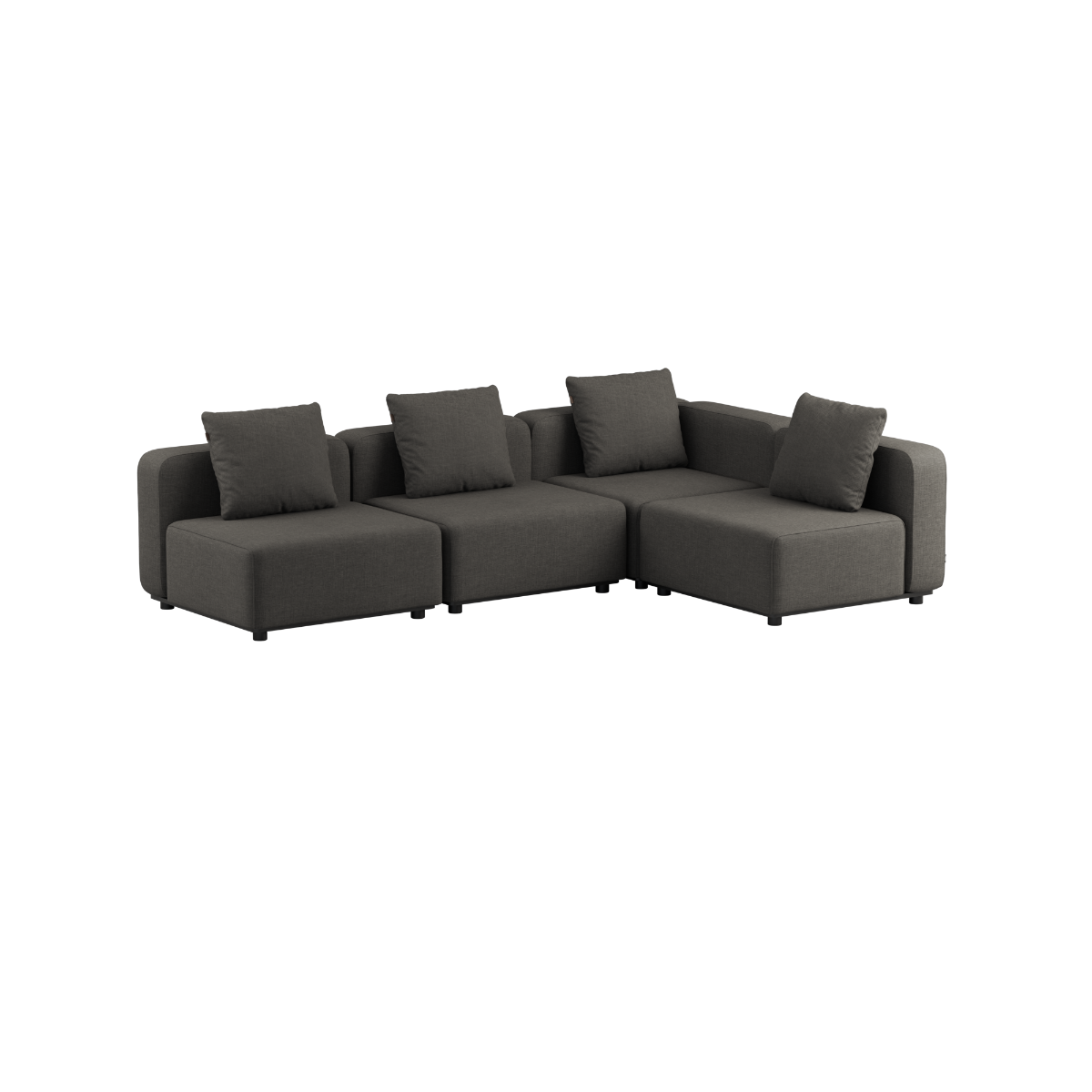 Cobana Lounge Sofa 4-seter hjørnesofa i Kirra Noir uten armlener med aluminiumsramme og puter.