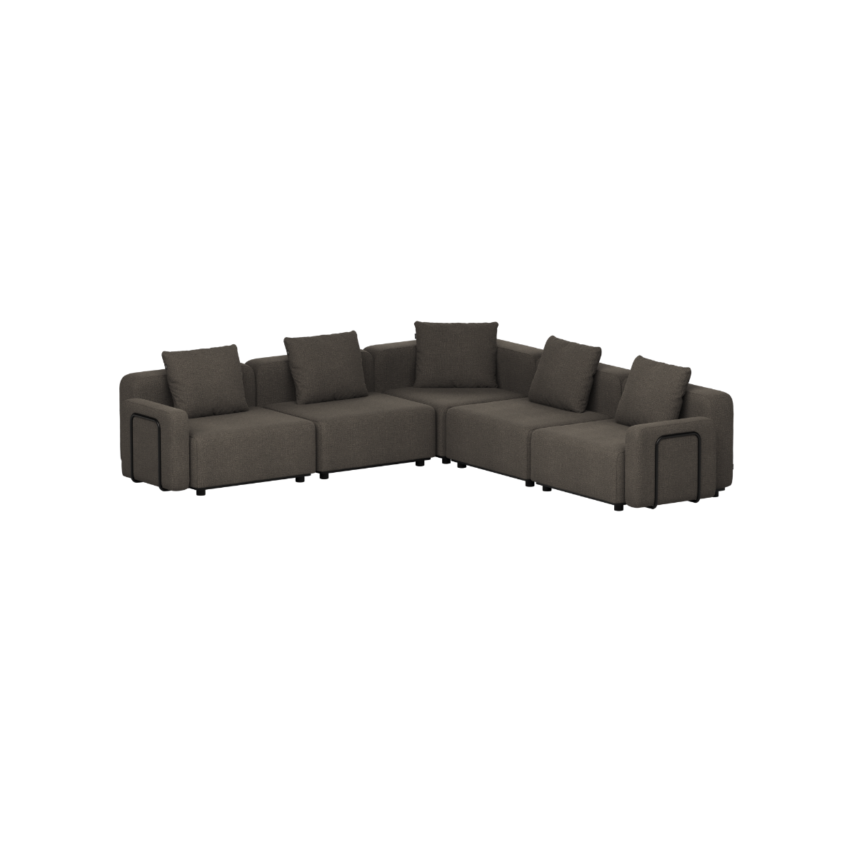 Mørkegrå femseters hjørnesofa fra sackit med modulær utforming brede armlener og værbestandig design for nordiske uteområder