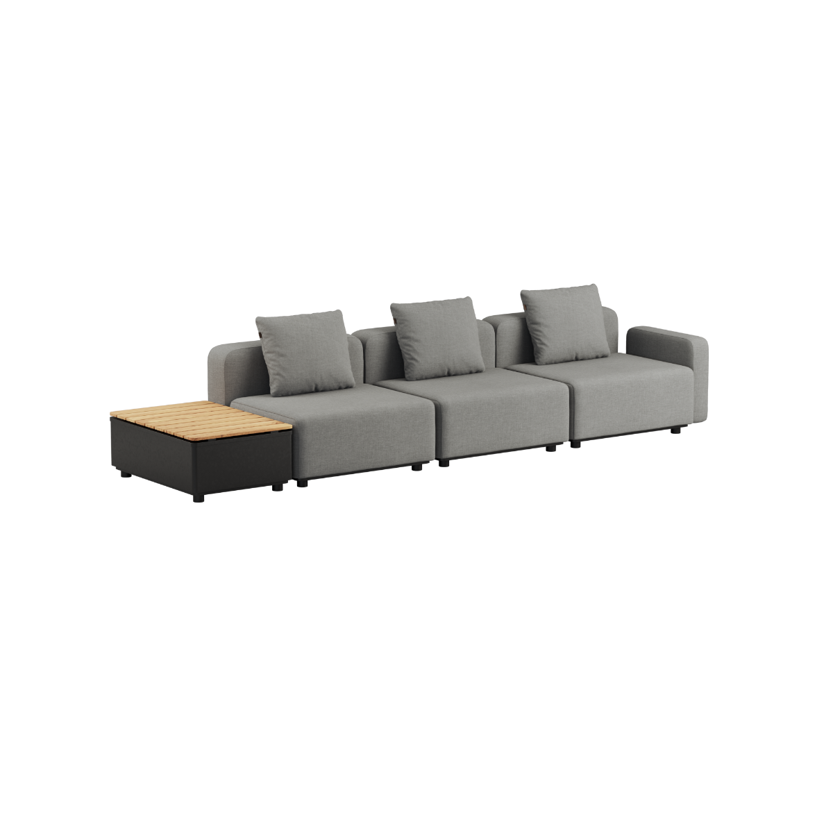 Cobana Lounge Sofa 3-seter i Cobana Brown med armlener og Patio Storage Table i aluminium og teaktre.