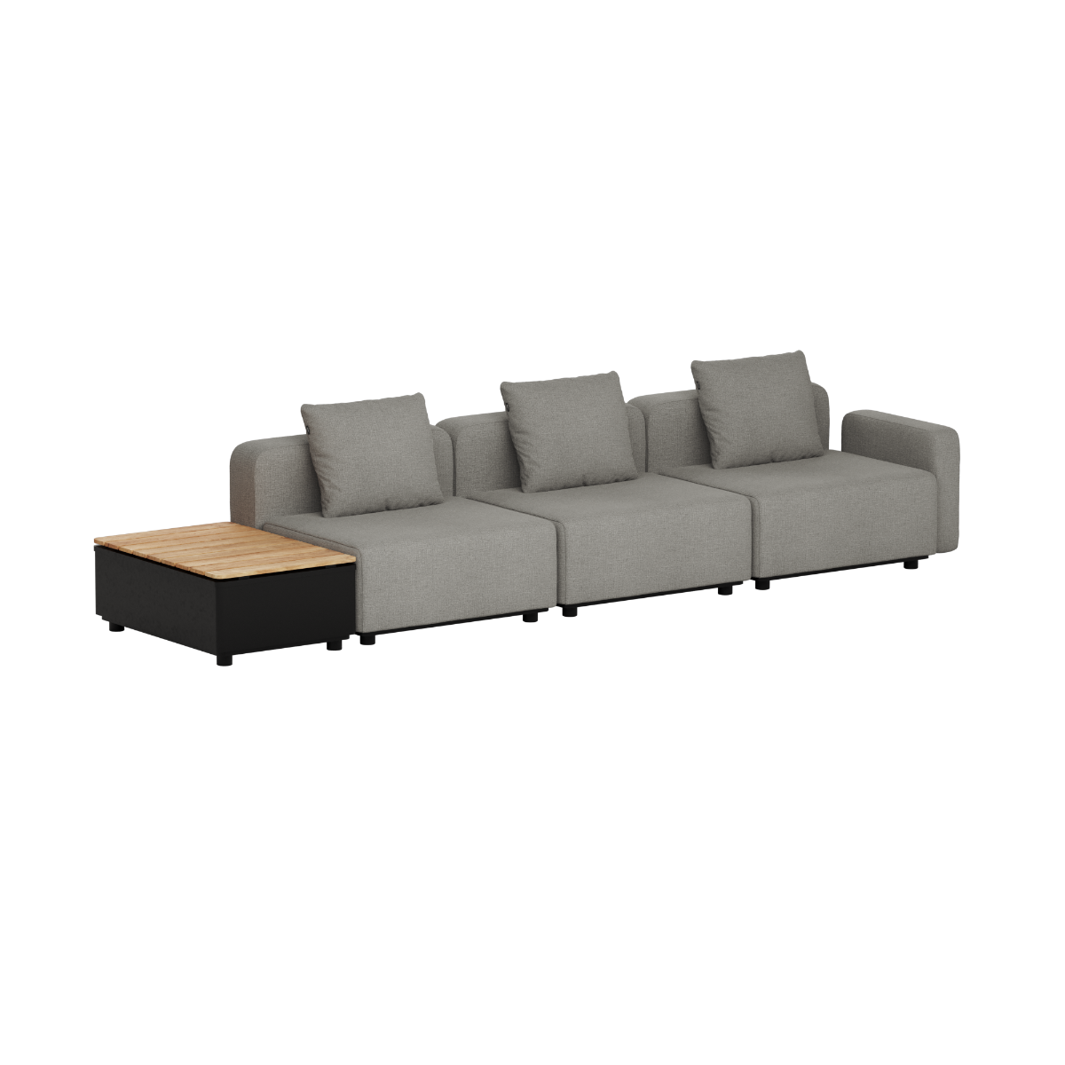 Grå modulbasert loungesofa for utebruk med tre sitteplasser og integrert oppbevaringsbord i teak fra sackit Norway