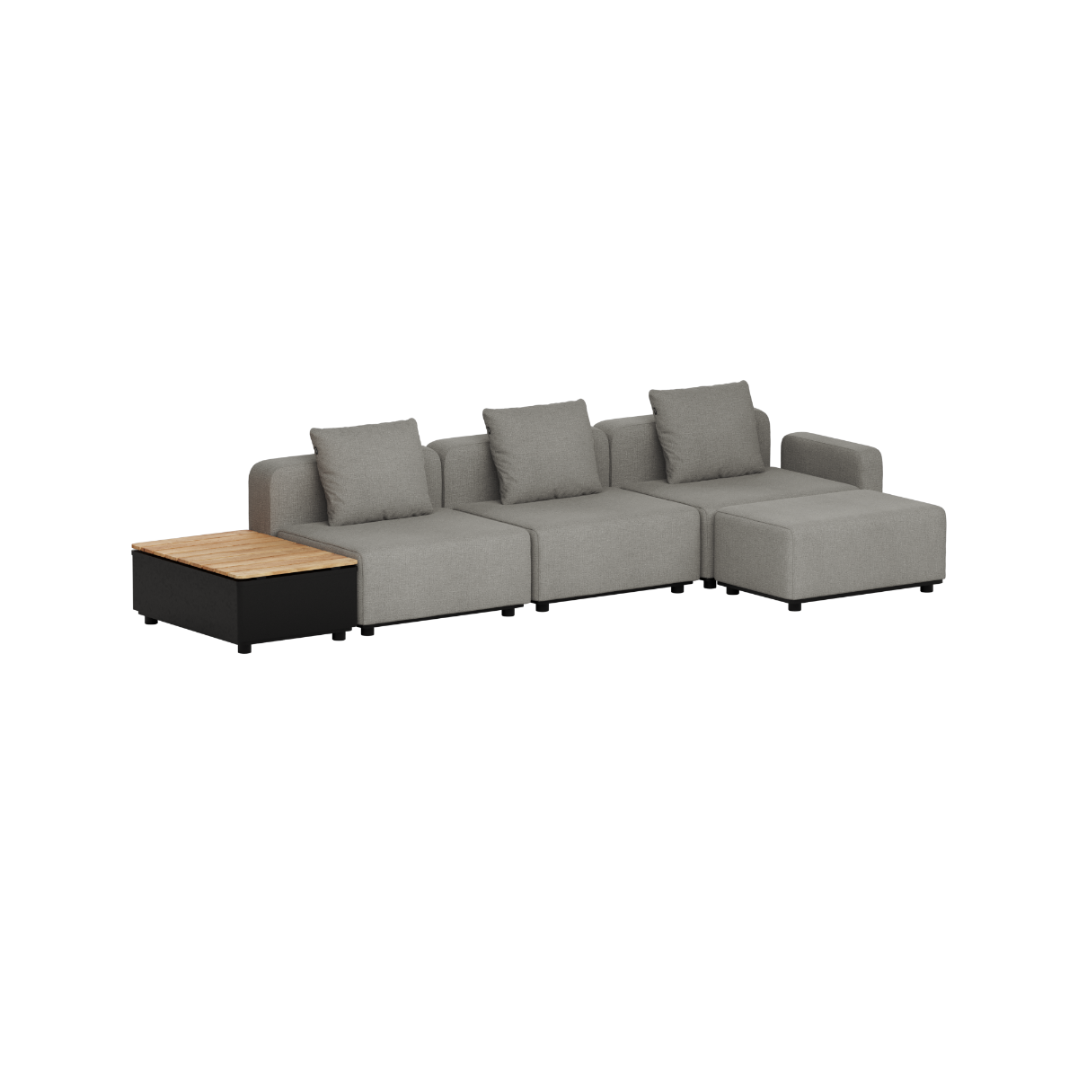 Grå modulbasert utendørs loungesofa fra sackit med tre sitteplasser og sidebord i teak for terrasse eller hage