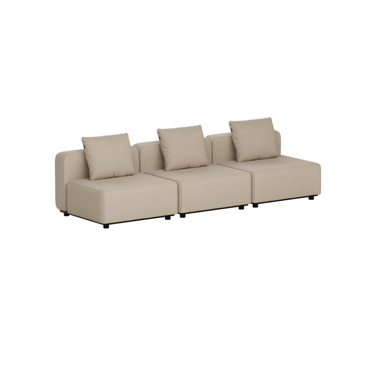 Beige modulær loungesofa for tre personer med tre myke ryggputer og rene skandinaviske linjer fra sackit til terrasse og hagebruk