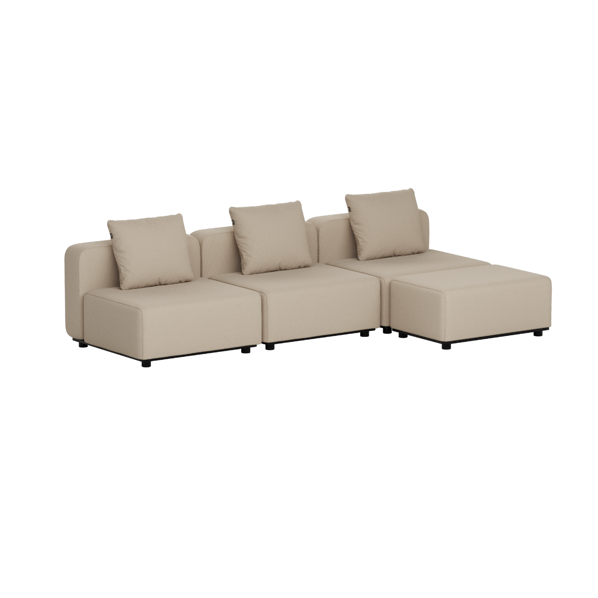 Beige tredelt modulbasert utesofa fra sackit med tre sitteplasser og myke ryggputer i skandinavisk design for terrasse eller hage