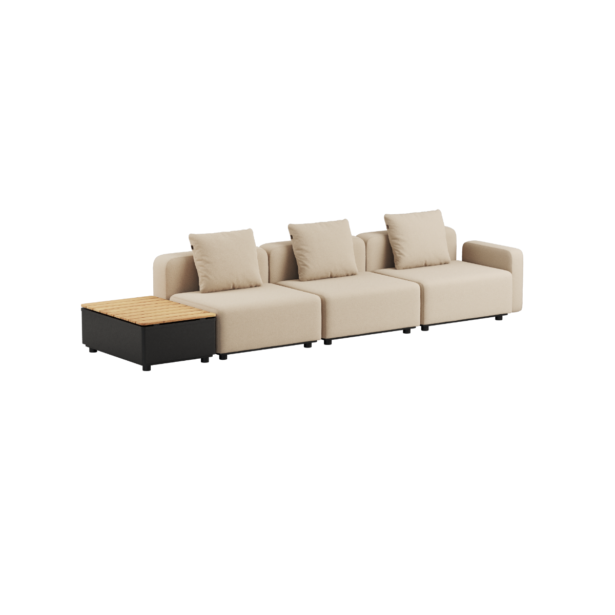 Cobana Lounge Sofa 3-seter i boucle beige med armlener og Patio Storage Table i aluminium og teaktre.