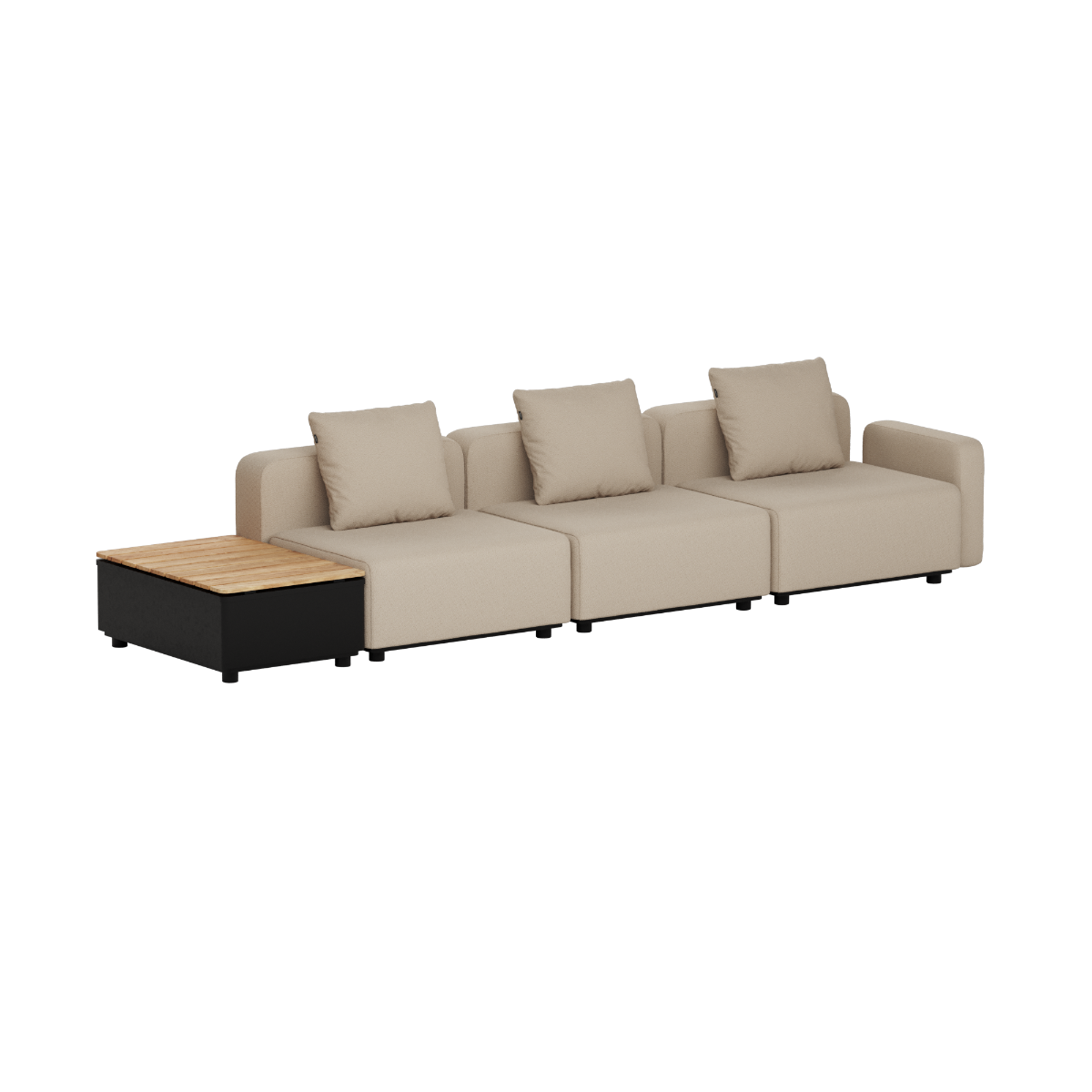 Beige modulbasert utendørs sofa med tre sitteplasser og integrert sidebord i teak med oppbevaring fra sackit designet i Danmark for nordisk vær