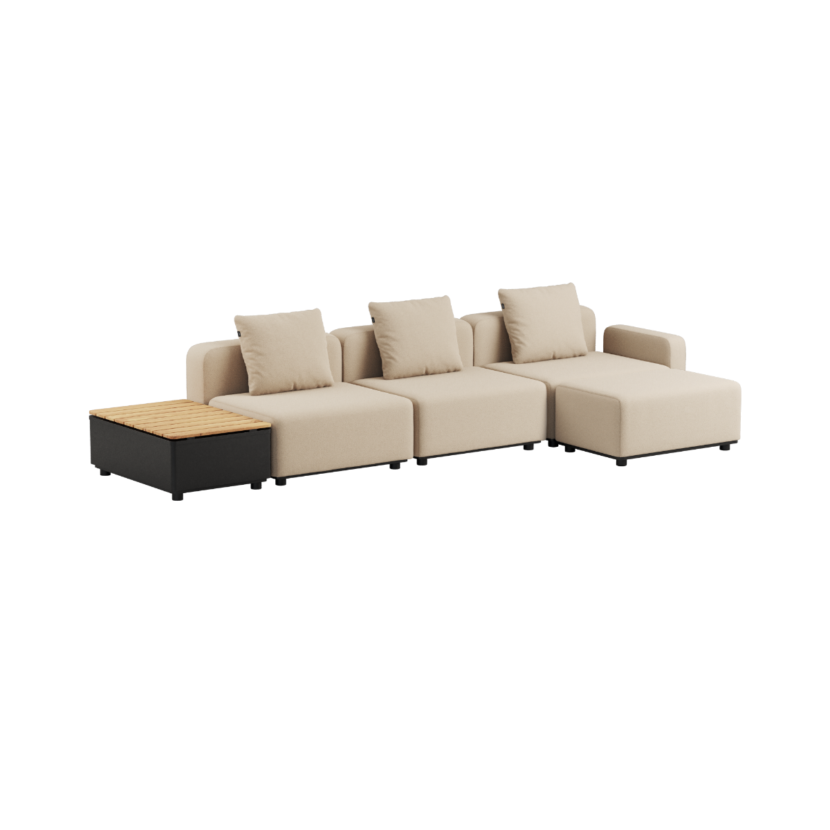 Boucle Beige Cobana Lounge Sofa with armrests, storage table, and pouf in outdoor setting.