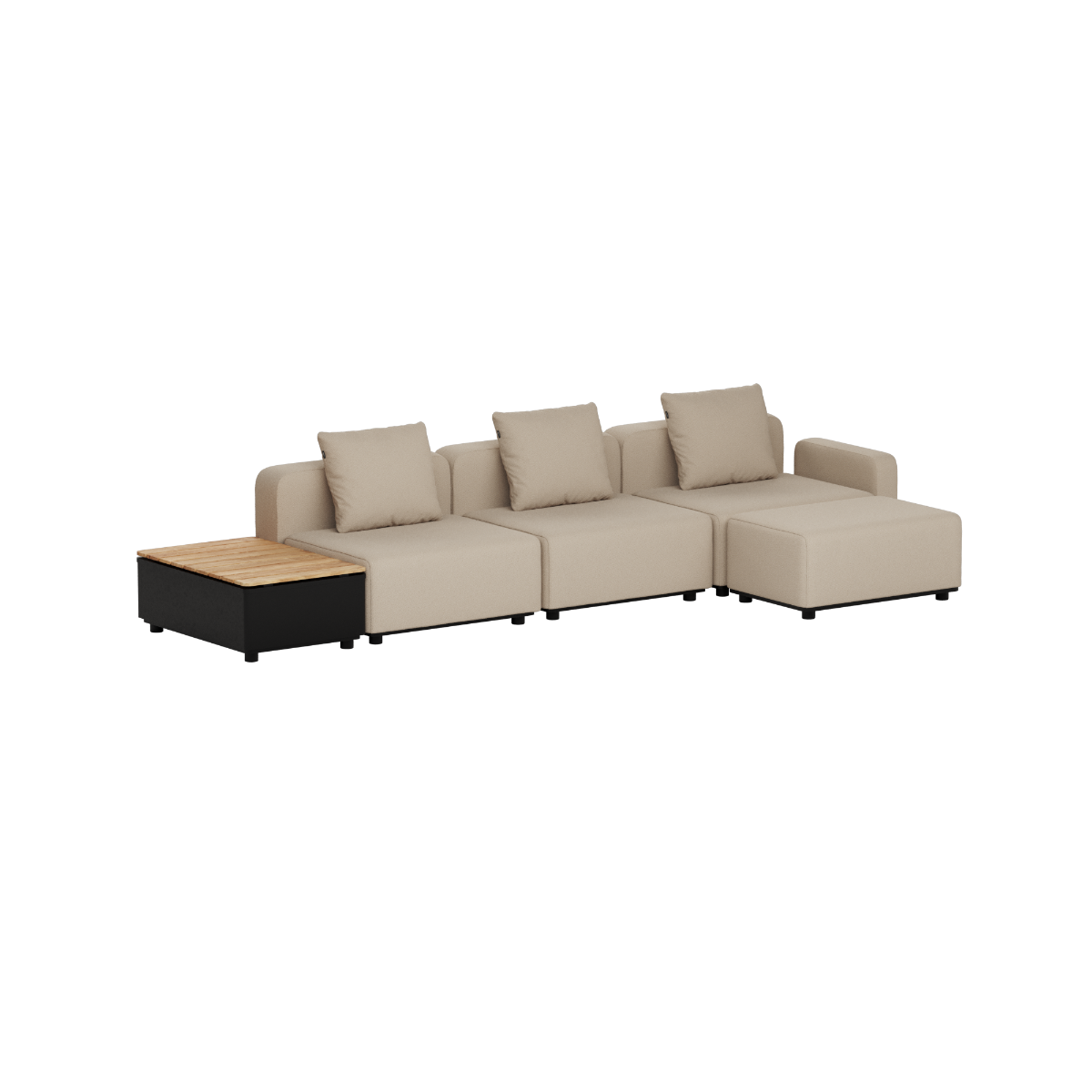 Beige modulbasert loung sofa fra sackit med tre sitteplasser og integrert sidebord i teak for terrasse eller hage feil?