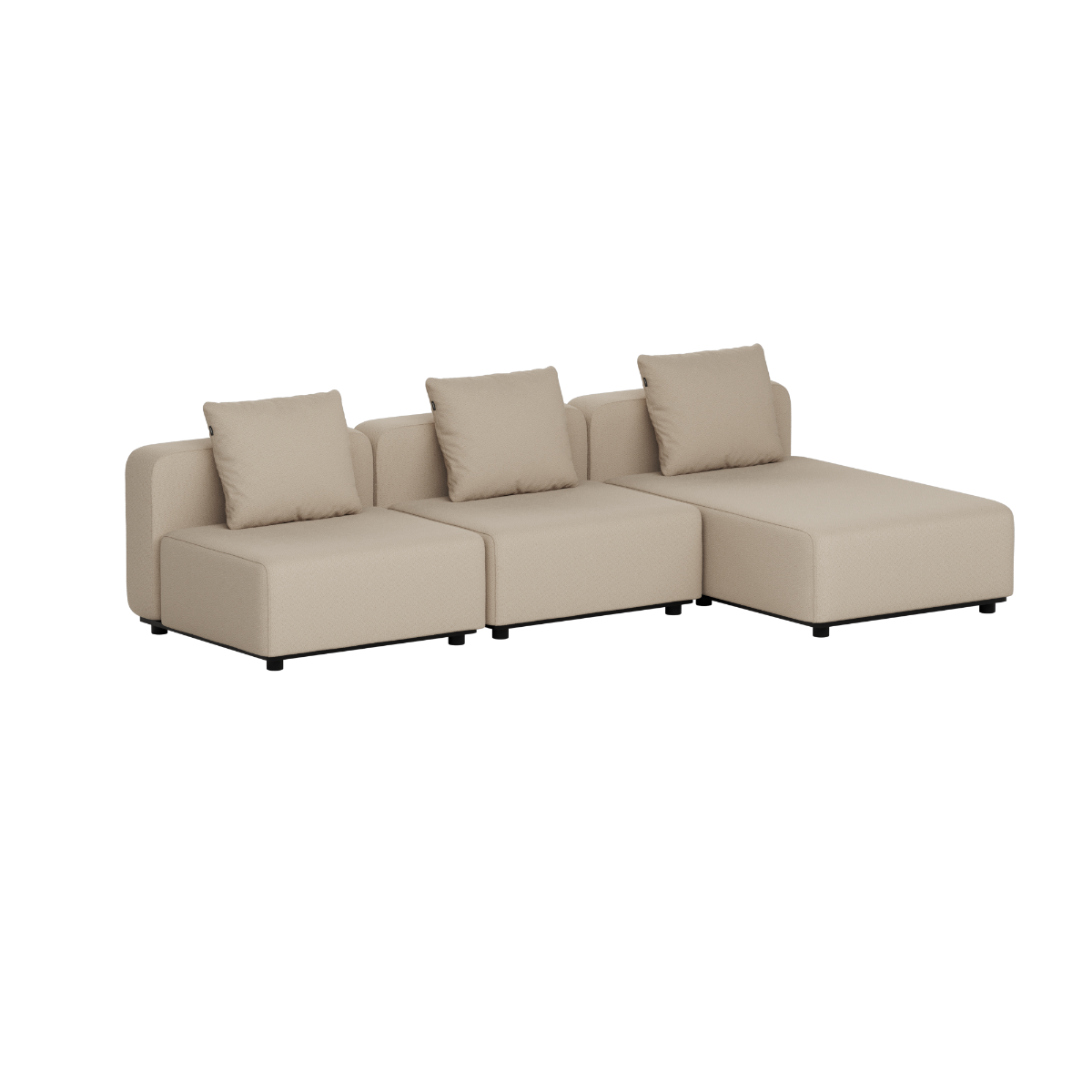 Beige modulbasert utesofa med sjeselong og tre puter fra sackit for stilrene terrasser og hager i nordisk design