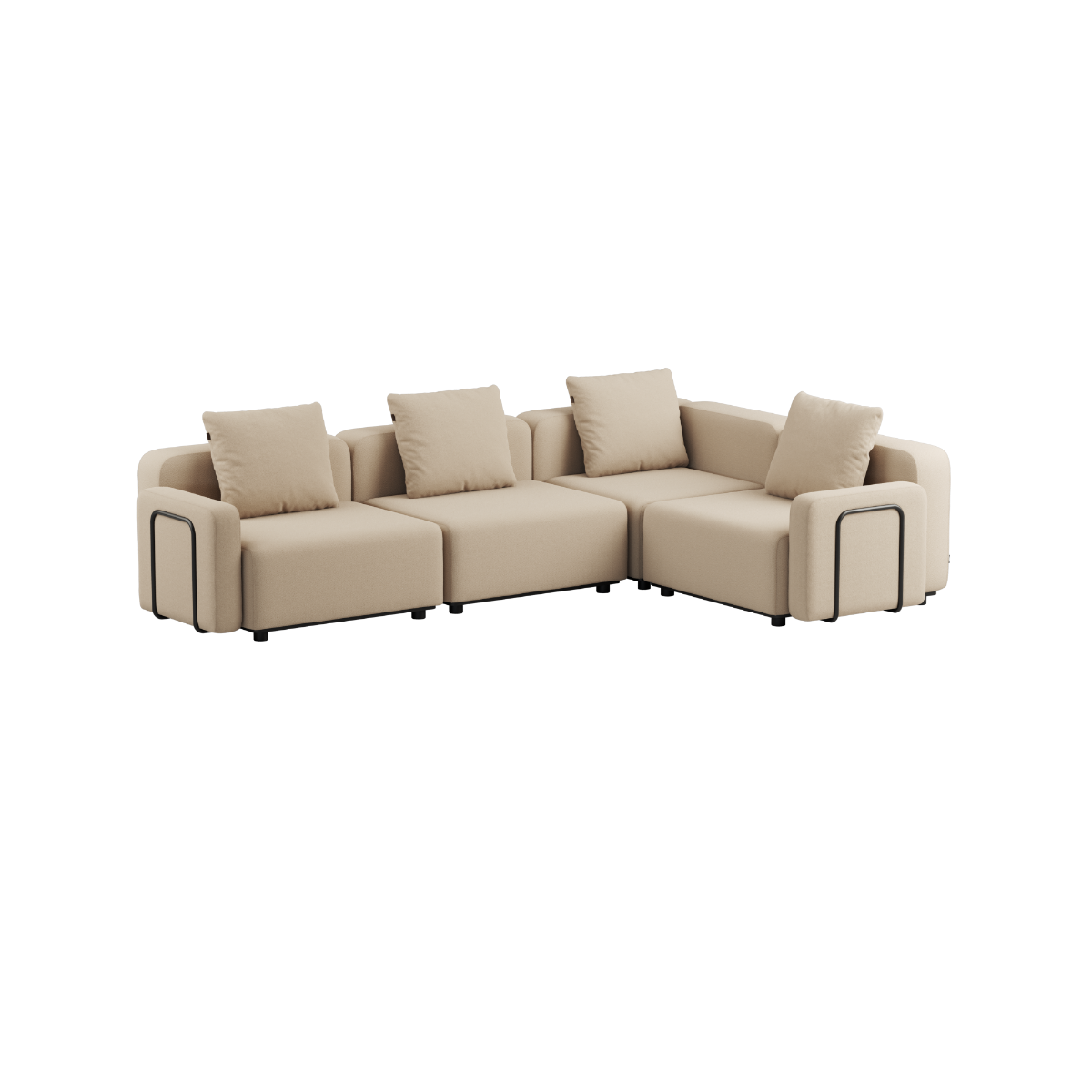 Bouclé beige Cobana Lounge Sofa med armlener, modulbasert hjørnesofa i aluminium og tekstil.