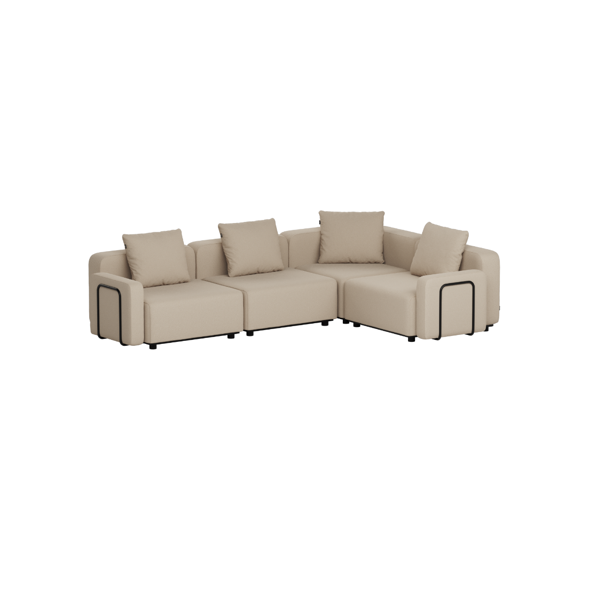 Beige modulbasert hjørnesofa for uteområder med myke puter og rene skandinaviske linjer fra sackit
