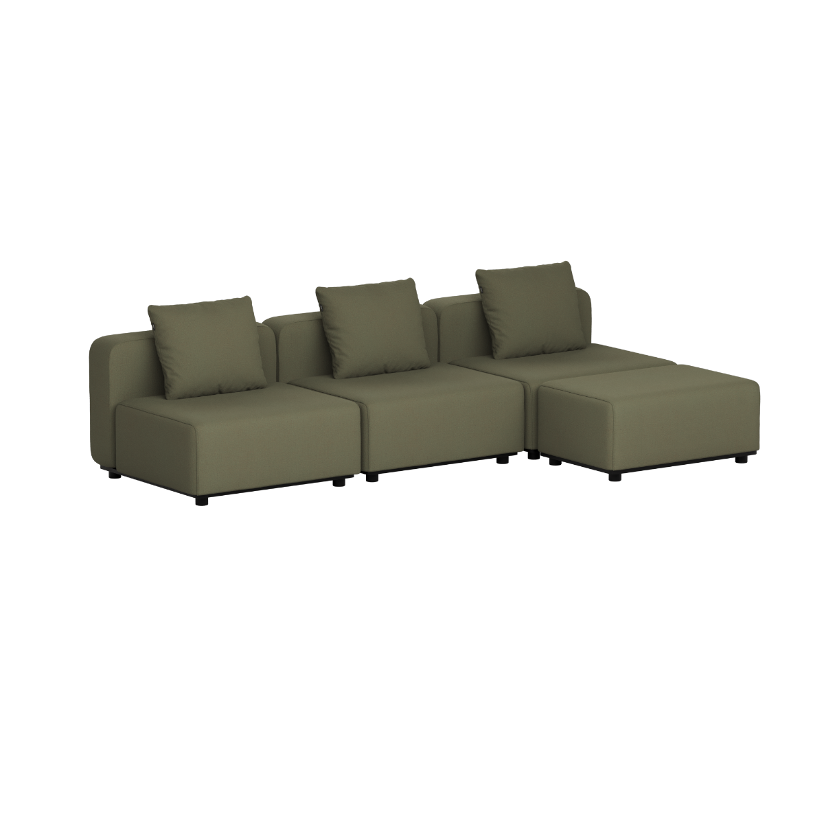 Mørkegrønn modulbasert utendørs sofa med tre sitteplasser og tre løse ryggputer på svart bakgrunn