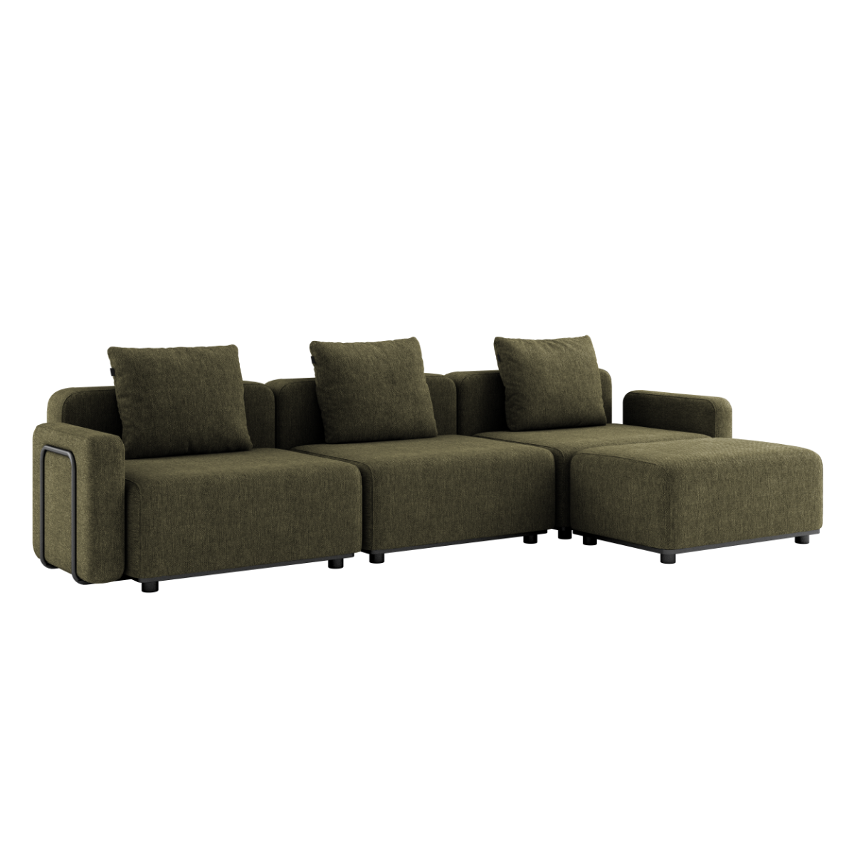 Kirra Olive Cobana Lounge Sofa med armlener og puff i pulverlakkert aluminiumsramme og olefintekstiler.
