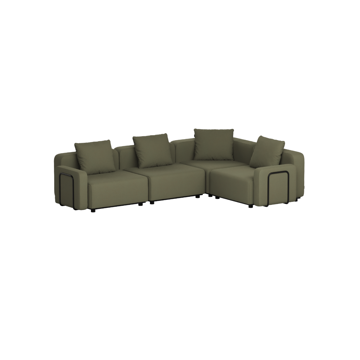 Olivengrønn modulbasert hjørnesofa for utendørs bruk med fire sitteplasser og løse puter fra sackit i dansk skandinavisk design