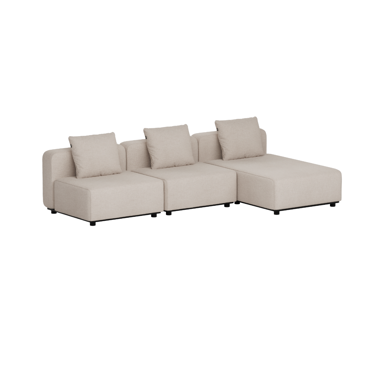 Beige modulbasert loungesofa med sjeselong og tre puter fra sackit for stilfulle uteplasser i nordisk design